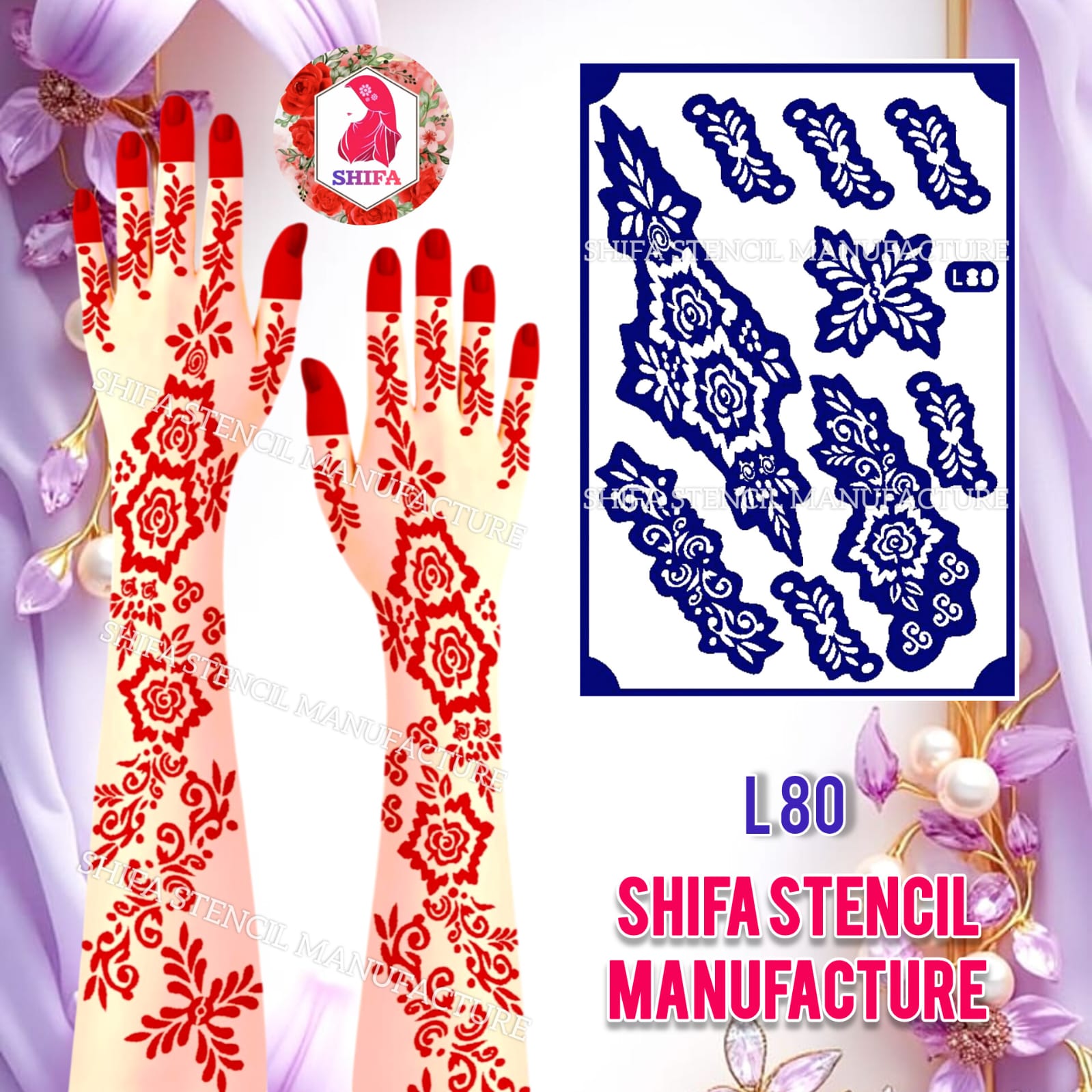 L 80 Royal Rose Vine Sticker Overview Henna Stencil - Shifa Stencil